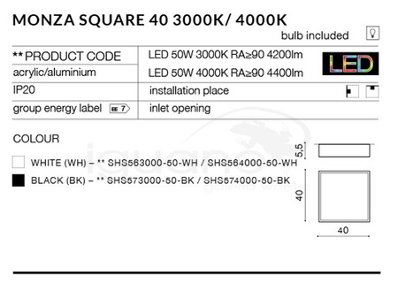 Lampa MONZA SQUARE 40 3000K biała