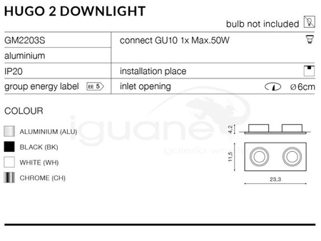 Lampa HUGO 2 Downlight aluminiowa z wkładem złotym