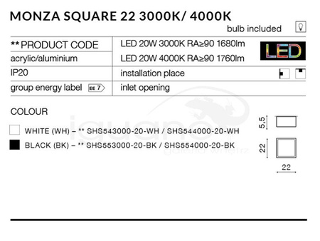 Lampa MONZA SQUARE 22 3000K biała