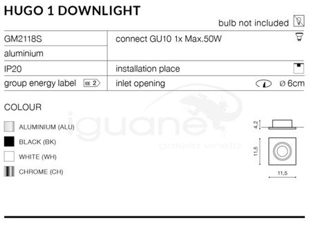 Lampa HUGO 1 Downlight aluminiowa z wkładem białym