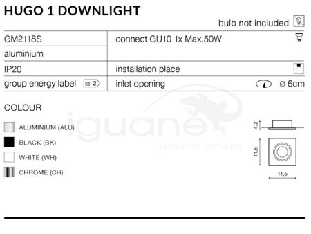 Lampa HUGO 1 Downlight aluminiowa z wkładem złotym