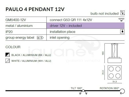 Lampa PAULO 4 PENDANT 12V biała