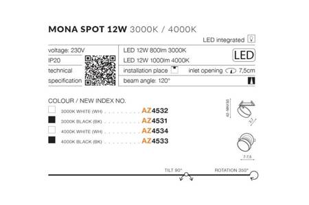 Lampa wpustowa Mona 12W 3000K AZ4531 czarna