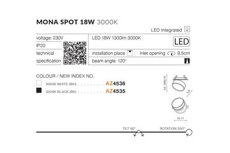 Lampa wpustowa Mona 18W 3000K AZ4535 czarna